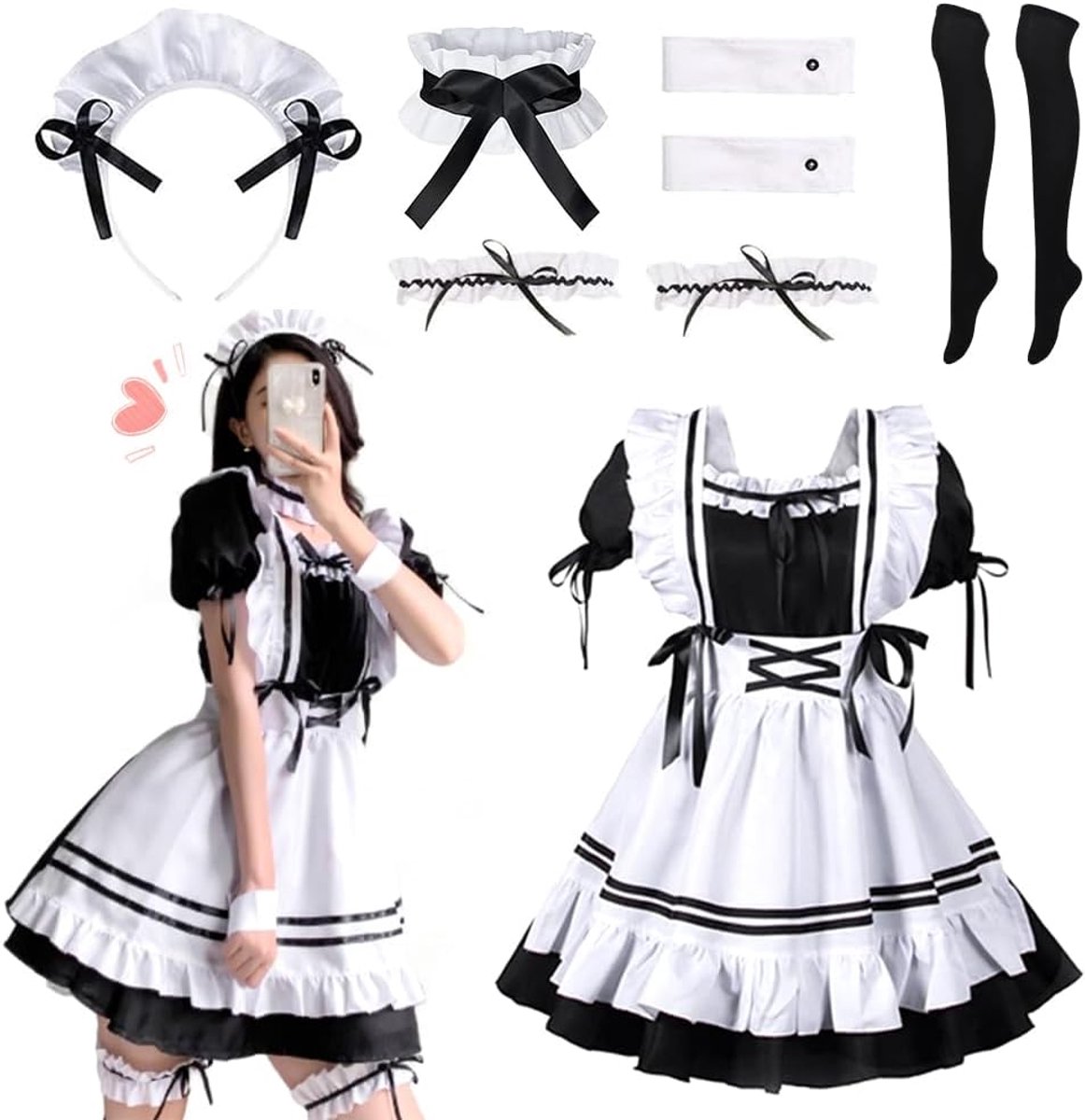 Dress, dienstmeisjeskostuum, cosplay, kamermeisjes, outfit set, French Maid jurk voor volwassenen, Halloween, carnaval, cosplay, carnaval, party