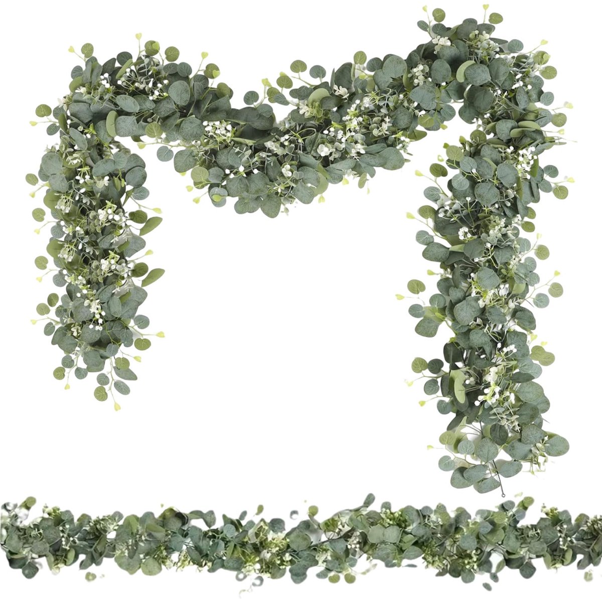 Eucalyptus slinger, kunstslinger, 1,8 m, hangende eucalyptus-decoratie, eucalyptus kunstmatig met witte bloemen, bladeren, voor achtergrond, bruiloft, tafeldecoratie