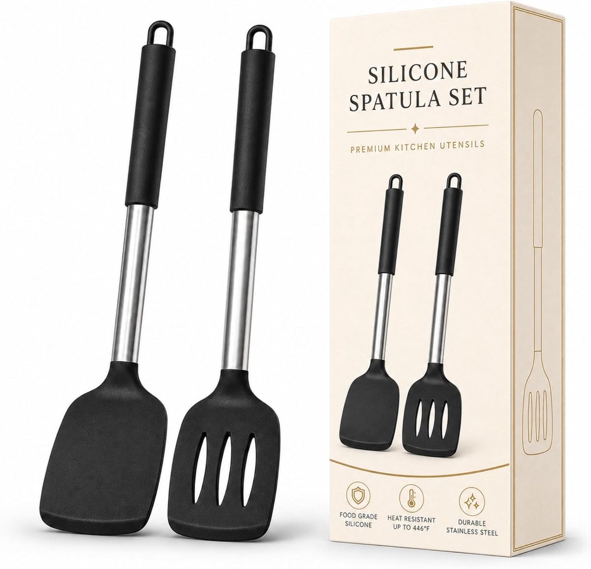 Siliconen Bakspatel, Silicone Spatula met stevige roestvrijstalen kern, hittebestendige spatel voor antiaanbakpannen, vis, eieren, pannenkoeken, koken en bakken, vaatwasserbestendig, 2 stuks