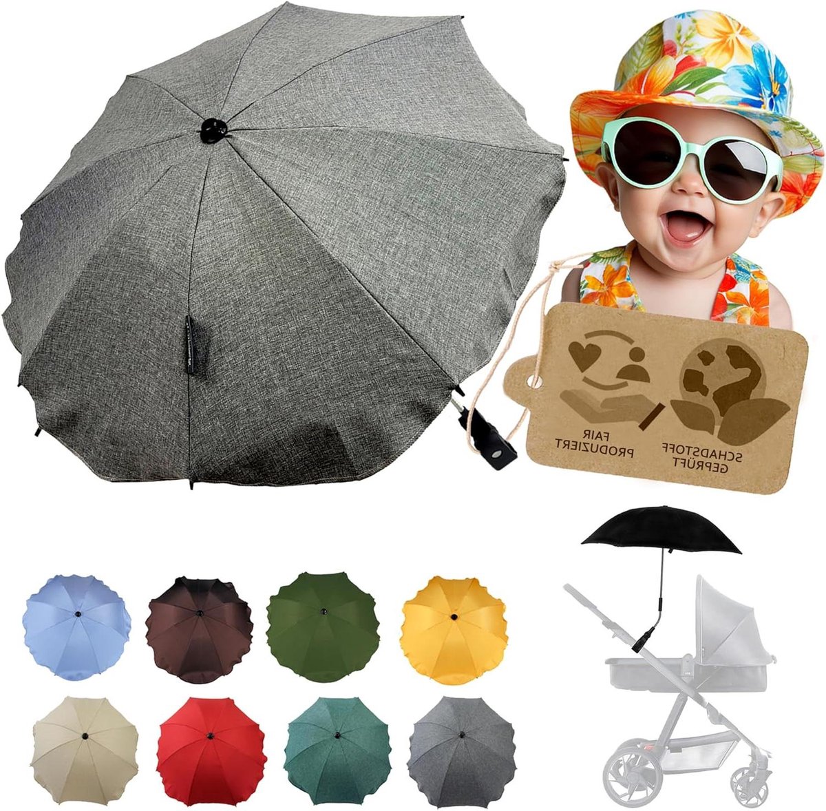 Kinderwagen Parasol - Zonnescherm Buggy - Baby Beschermen - Universele Houder - UV 50+ - Donkergrijs