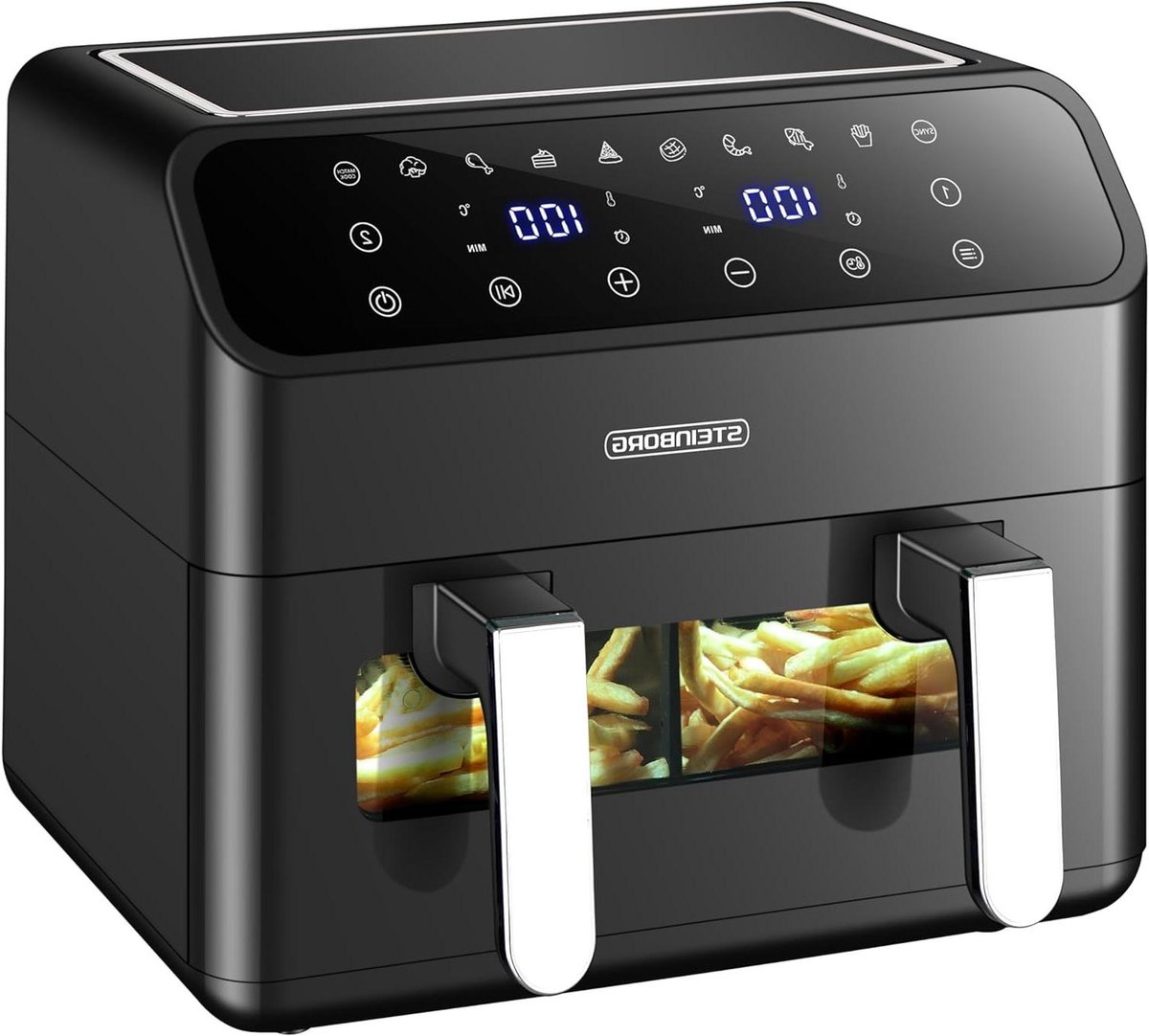 Heteluchtfriteuse 2 kamers - Dubbele airfryer - Gezond koken - Twee zones apart - 8 liter totaal - Zwart