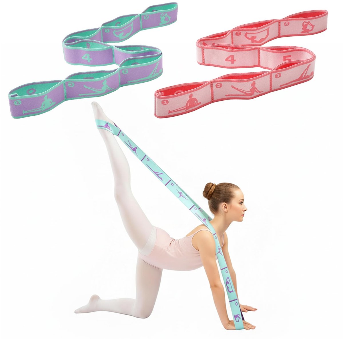 SnelShoppen - 2 stuks yoga stretchband met 8 lussen, elastisch sportelastiek voor fitness, yogaband, pilates accessoires, zeer rekbare gymnastiekband