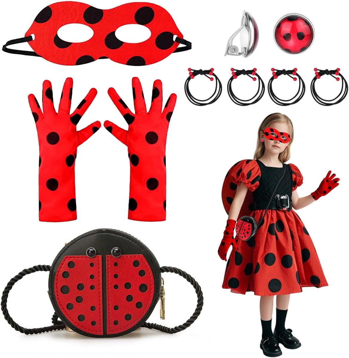 kostuum accessoireset, ladybird masker, handschoenen, tas, haarbanden, oorbel, Ladybird kostuum kinderen, Ladybird kostuum meisjes, cosplay, carnaval, Ladybird speelgoed (rood, zwart)