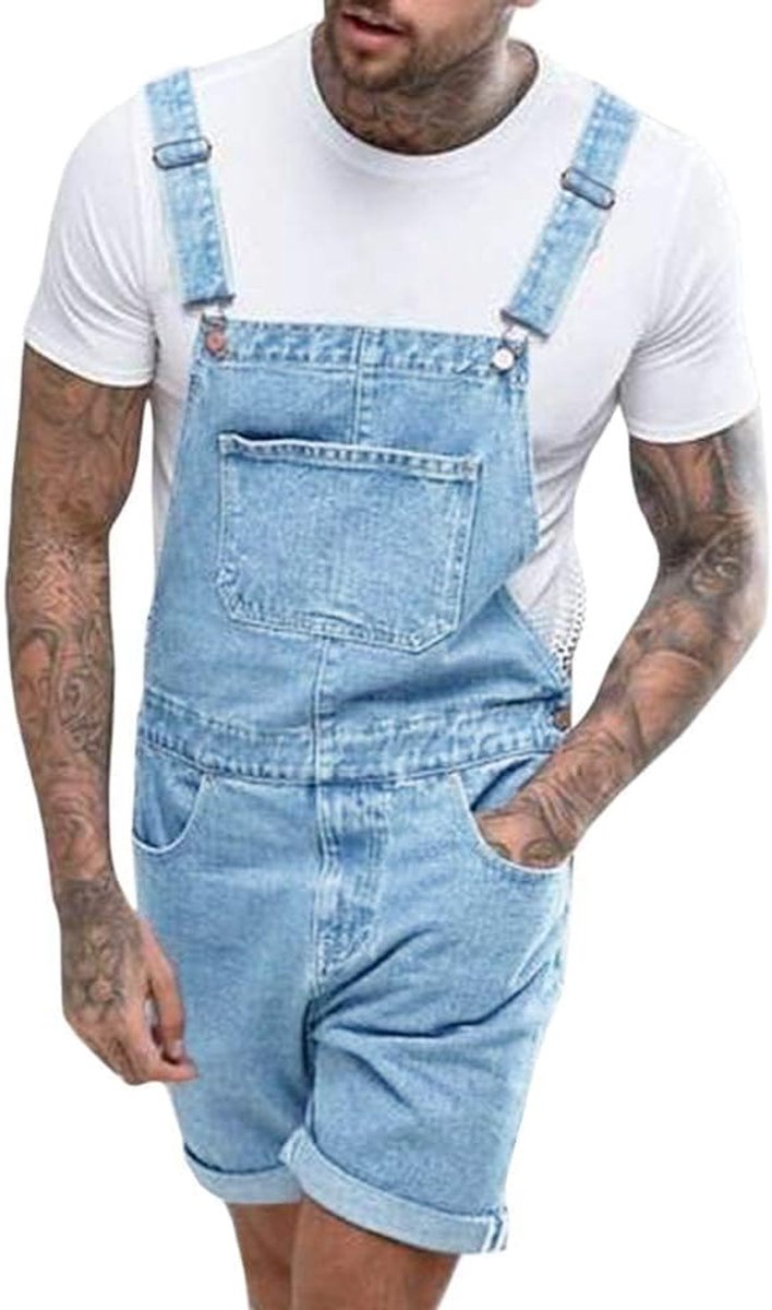 Tuinbroek voor heren, katoen, jeans, overall, korte werkbroek, losse pasvorm, denim, jumpsuit met zakken