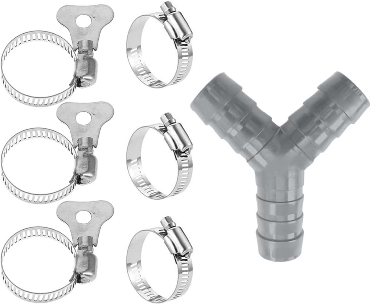 Y-verdeler, 2-weg, 6 slangklemmen, wateraansluiting, wasmachine, vaatwasser, afvoer, koud water, grijs, hydraulische accessoires