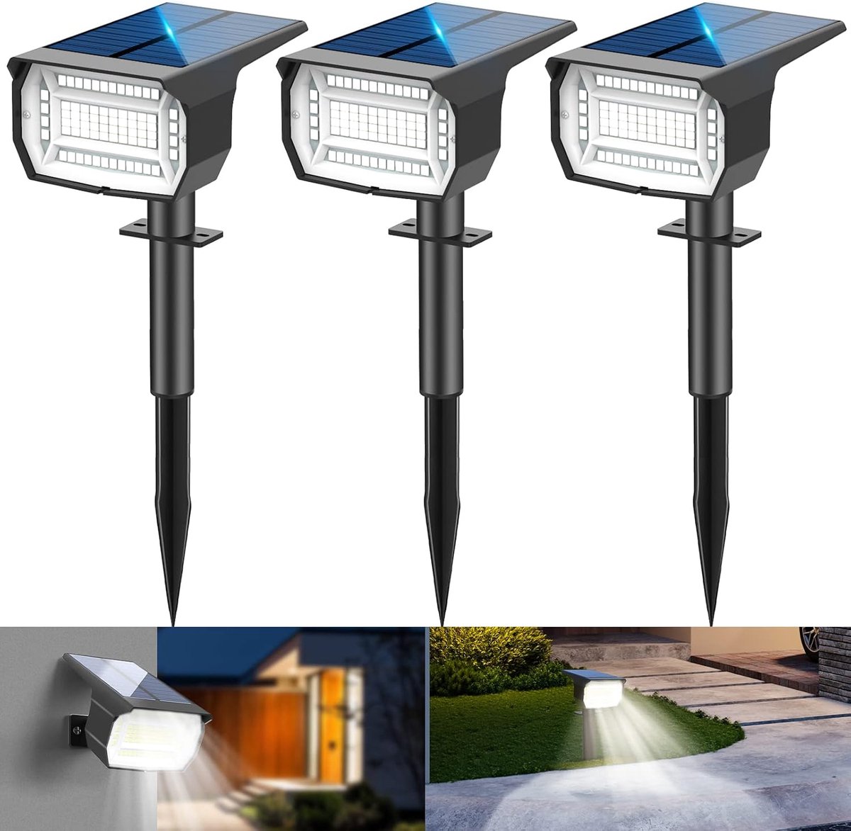 Solarspots voor buiten [3 stuks/72LED], 3 modi IP67 waterdicht solar tuinverlichting, 6500K kan aan de muur gemonteerd worden tuin solarlampen voor terrassen, hekken, paden, opritten, veranda's