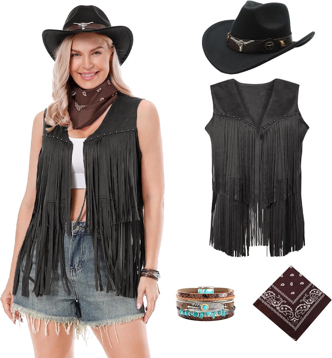Cowgirl Kostuum voor Dames: Vest, Hoed, Jurk, Bandana, Armband