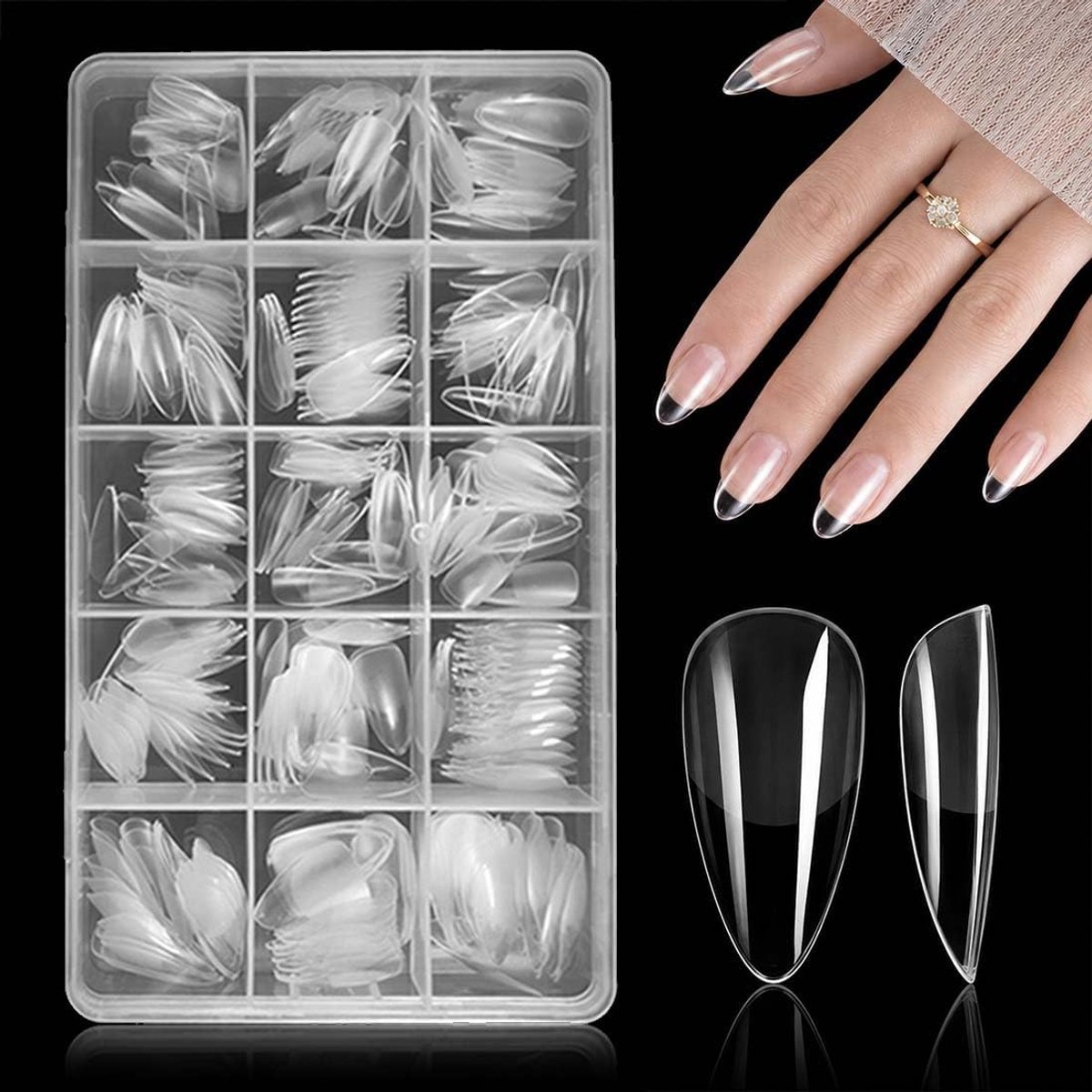 330 stuks lange kunstnagels, korte druppelvorm, semi-transparant, mat, 15 maten, voor dagelijks gebruik, avondevenementen en speciale gelegenheden
