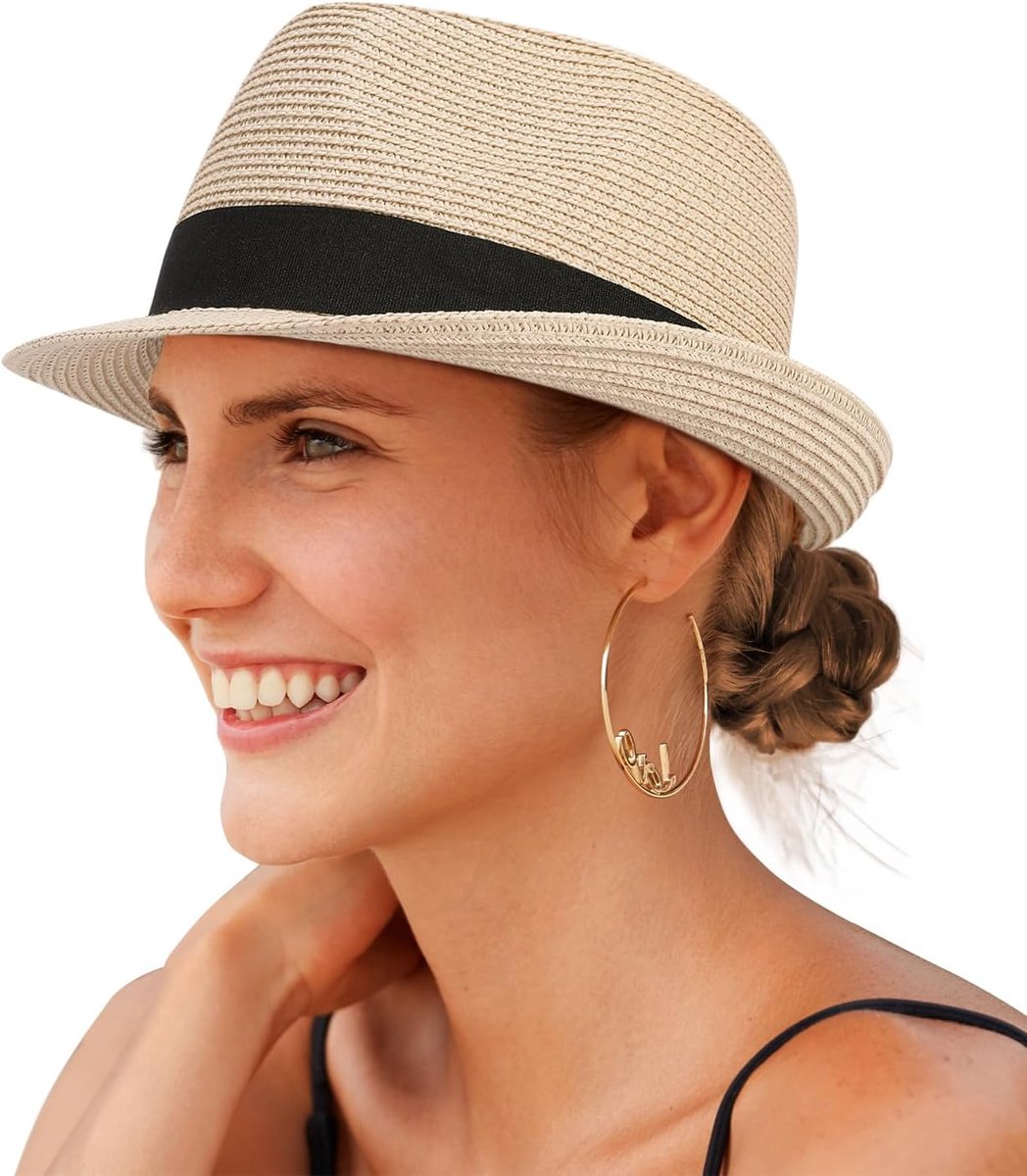 Stro Fedora zonnehoed voor vrouwen mannen korte rand Panama Trilby strandhoed opvouwbare zomerhoed UPF 50+