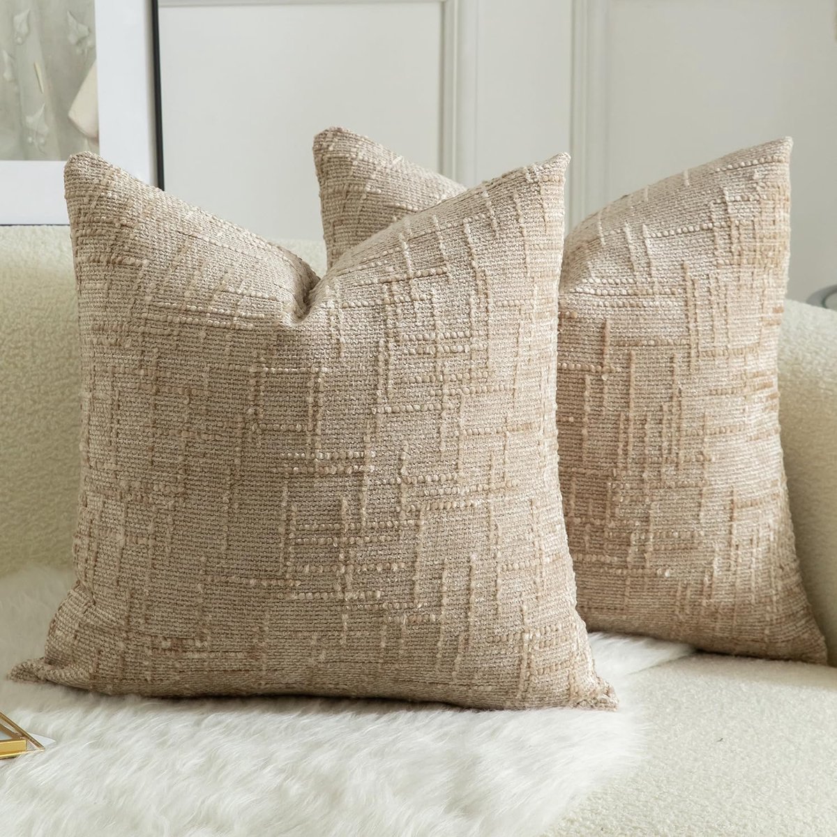 SnelShoppen - 2-delige Set Mandioo Chenille Kussenhoezen, Zachte Decoratieve Kussenslopen, 50 x 50 cm, Camel, Sierkussenhoezen voor Woonkamer en Slaap