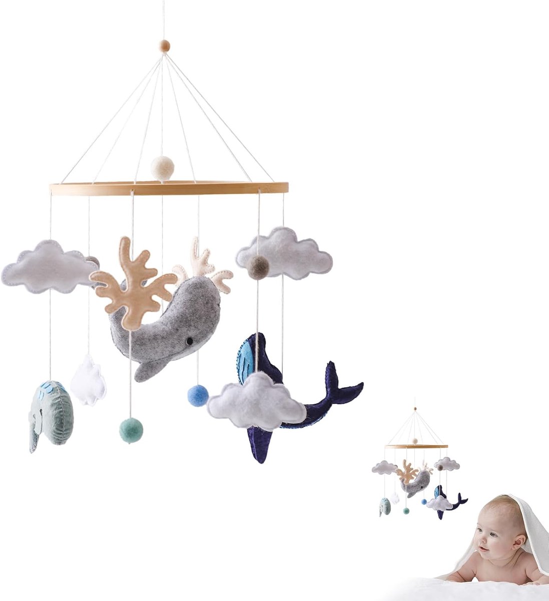 Mobiel Baby Zeedieren met Ballen van Vilt, Babykamer Dieren Dolfijnen Walvissen Hout Gehaakt Mobiel Pasgeboren Jongen Meisje Wolken Dieren Bed Bel Hanger Wiegje Wiegje Changing Decoratie