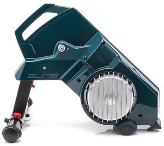 Elite fietstrainer met zilveren koelribben en blauwe behuizing op een witte achtergrond.