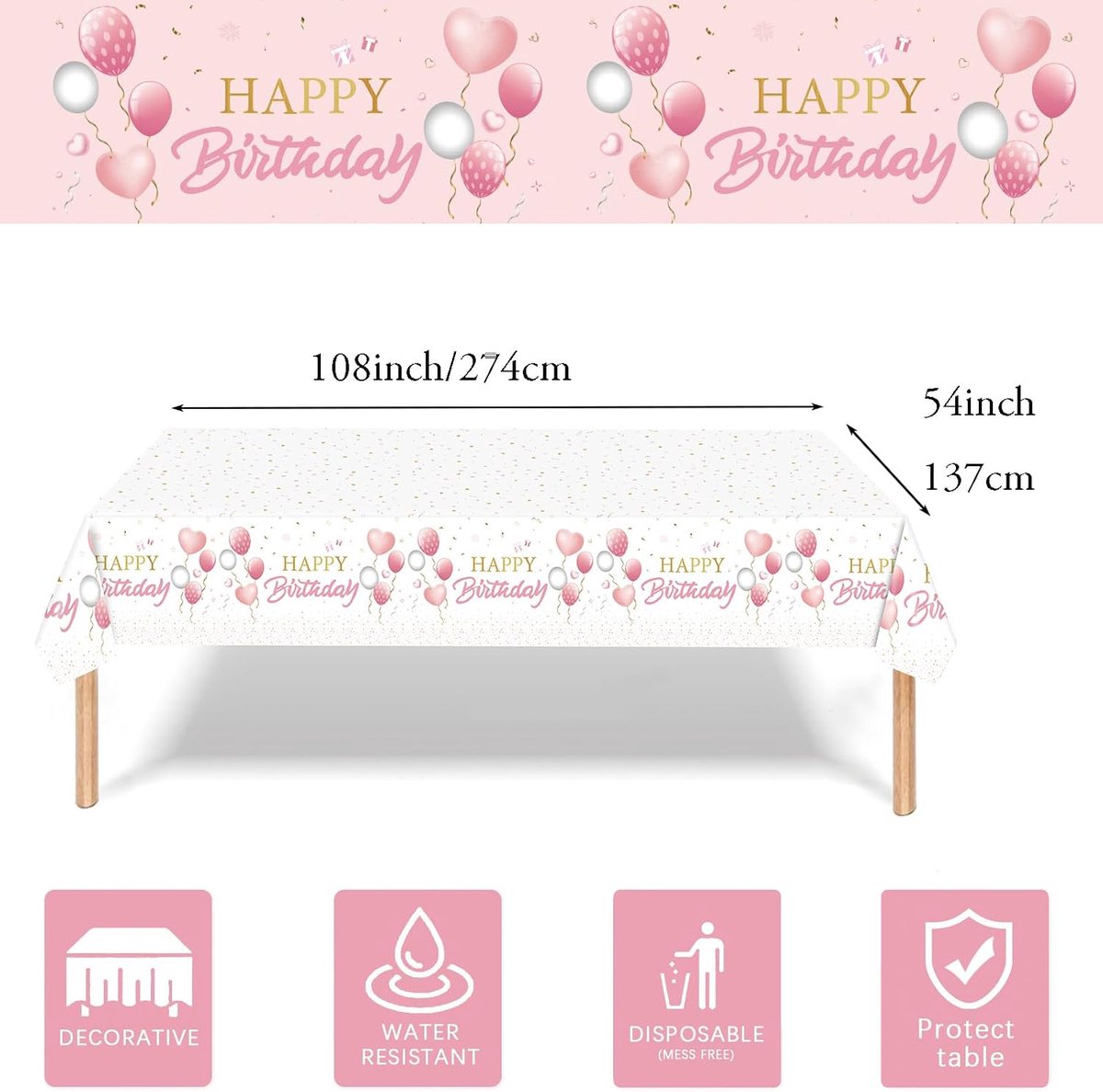 gelukkige verjaardag wegwerp tafeldoek tafeldeken voor meisjes, 137*274cm rechthoekige eettafeldekken kunststof tafelkleden groot voor babymeisjes, vrouwen verjaardagsfeestje decoraties