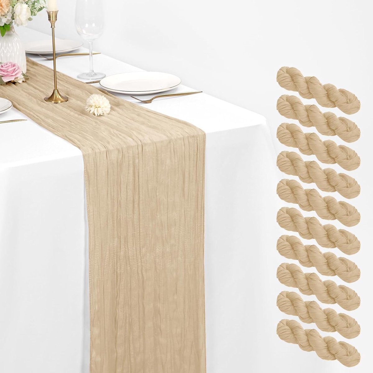 10 stuks Beige kaasdoek tafelloper 55 x 300 cm, rustieke gaas stof tafelloper, romantisch sluierdoek tafelloper voor bruiloften, festivals, jubilea, diners, buitenfeesten