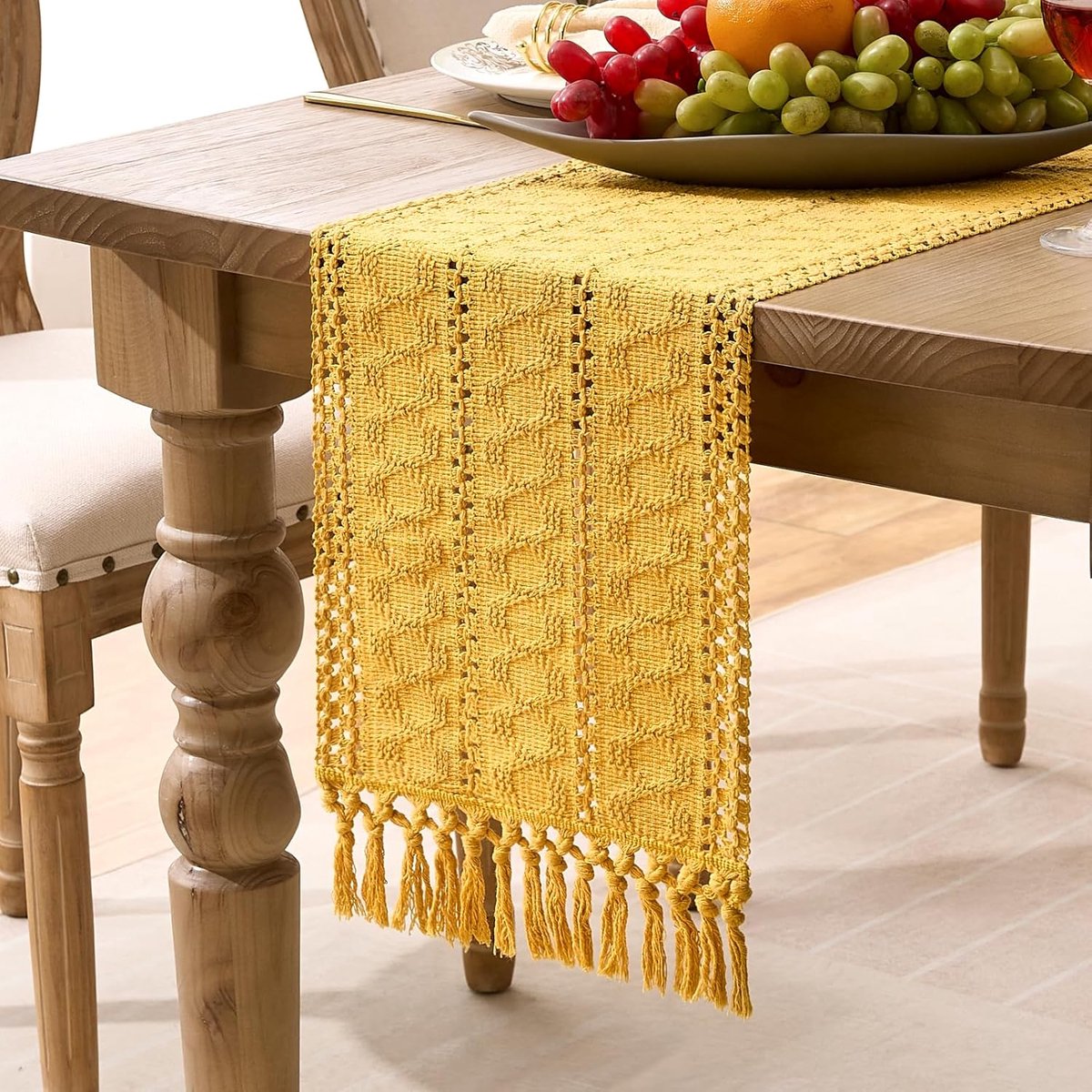 tafelloper lente bohemien geel macramé boerderij tafelloper rustieke landelijke stijl met handgemaakte kwastjes voor vakantie feest bruiloft 30 x 140 cm