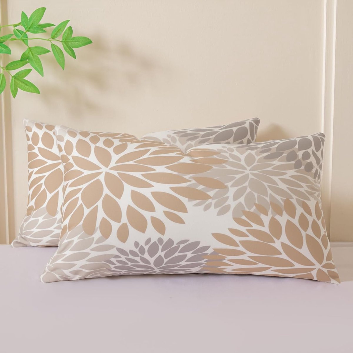 Set van 2 kussensloop, bank, velours, 50 x 30 cm, grijs, zachte kussensloop, voor herfst, beige, dahlia, bloem, modern, kussendecoratie voor woonkamer, slaapkamer, balkon