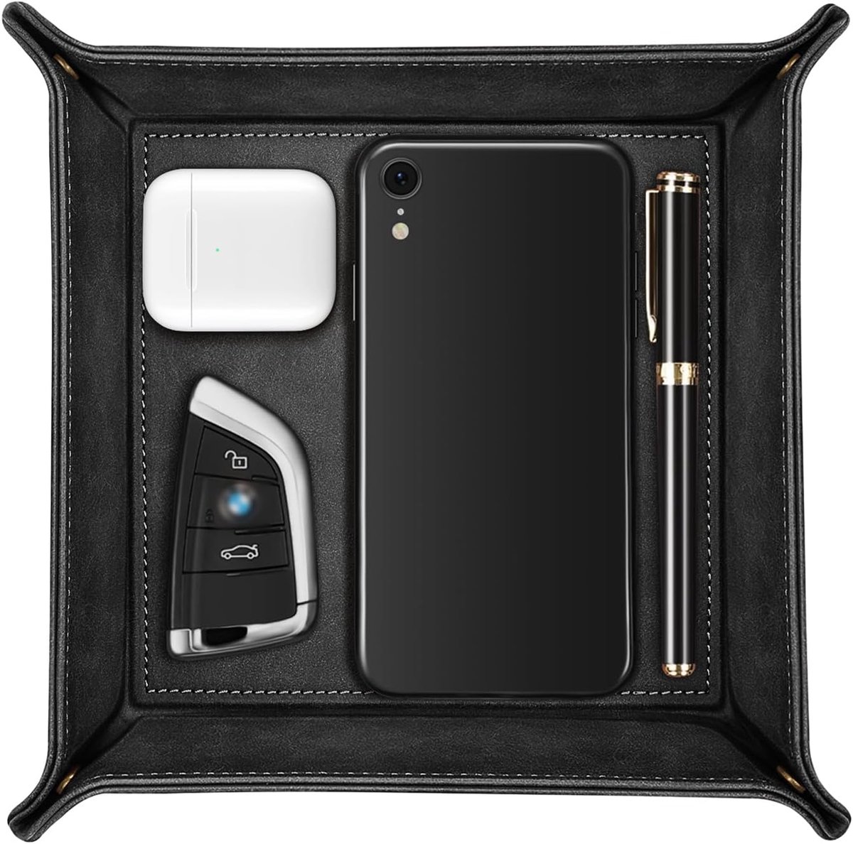 Taschenleerer - Tablett Organizer, Ablage Aufbewahrungsbox, Kunstleder Ablageschale Schlüsselschale für Uhren Handy Schmuck Schlüssel Münzen Geldbörse und Büroausstattung, (Schwarz)