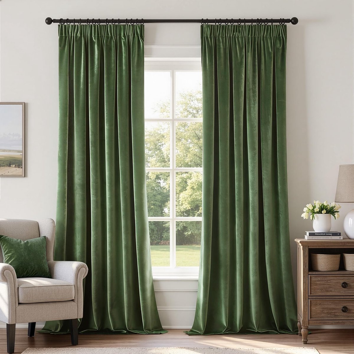 Fluwelen gordijnen met plooiband, 140 x 300 cm, groen | Set van 2 mooie dikke zware gordijnen voor woonkamer, slaapkamer, decoratieve verduisteringsgordijnen