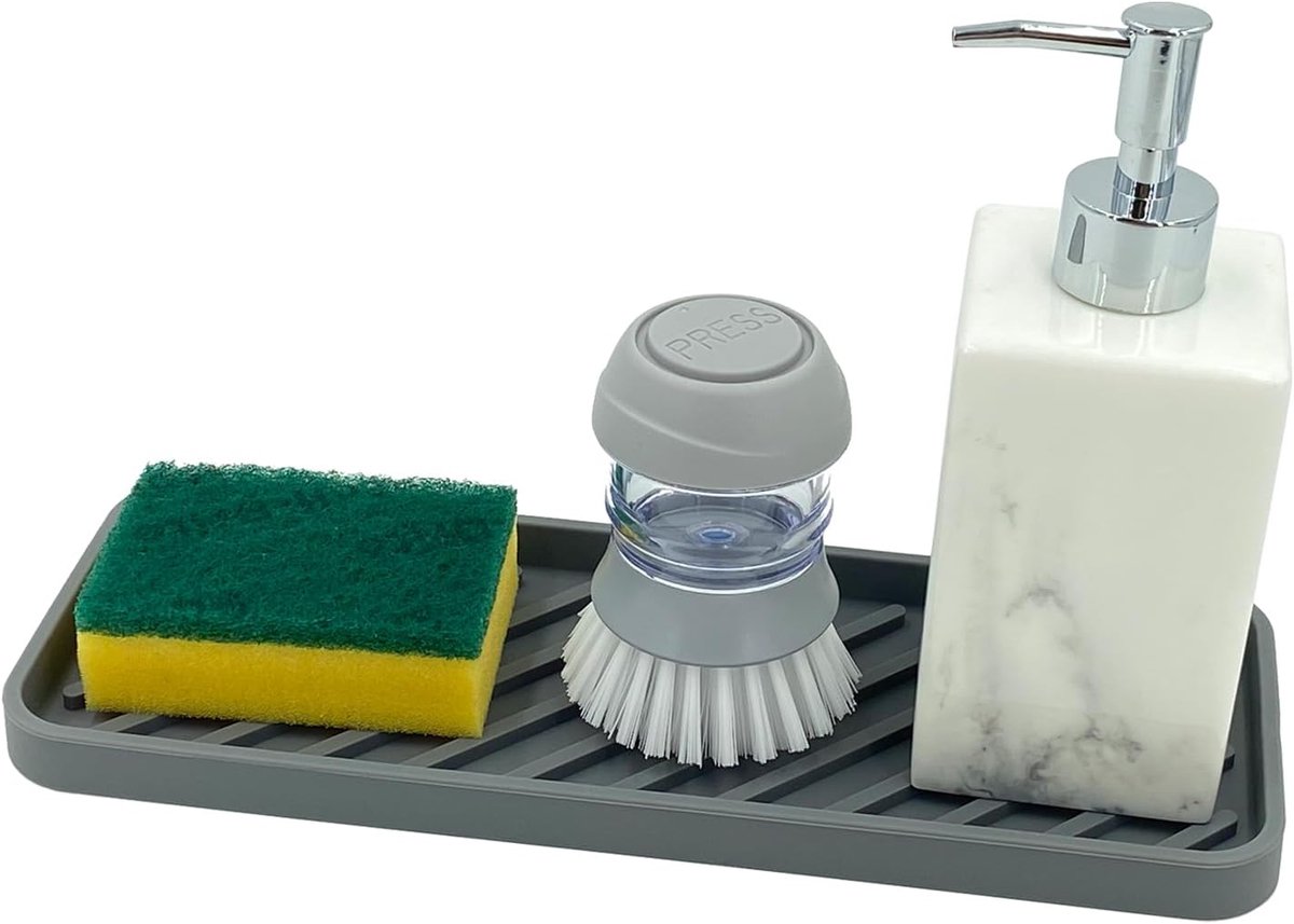 siliconen sponshouder, 30 cm x 11 cm, keukenbadkamerorganizer voor sponzen, borstels, zeep, afdruipmat, siliconen, vaatwasmachinebestendig (grijs, 1stuk)