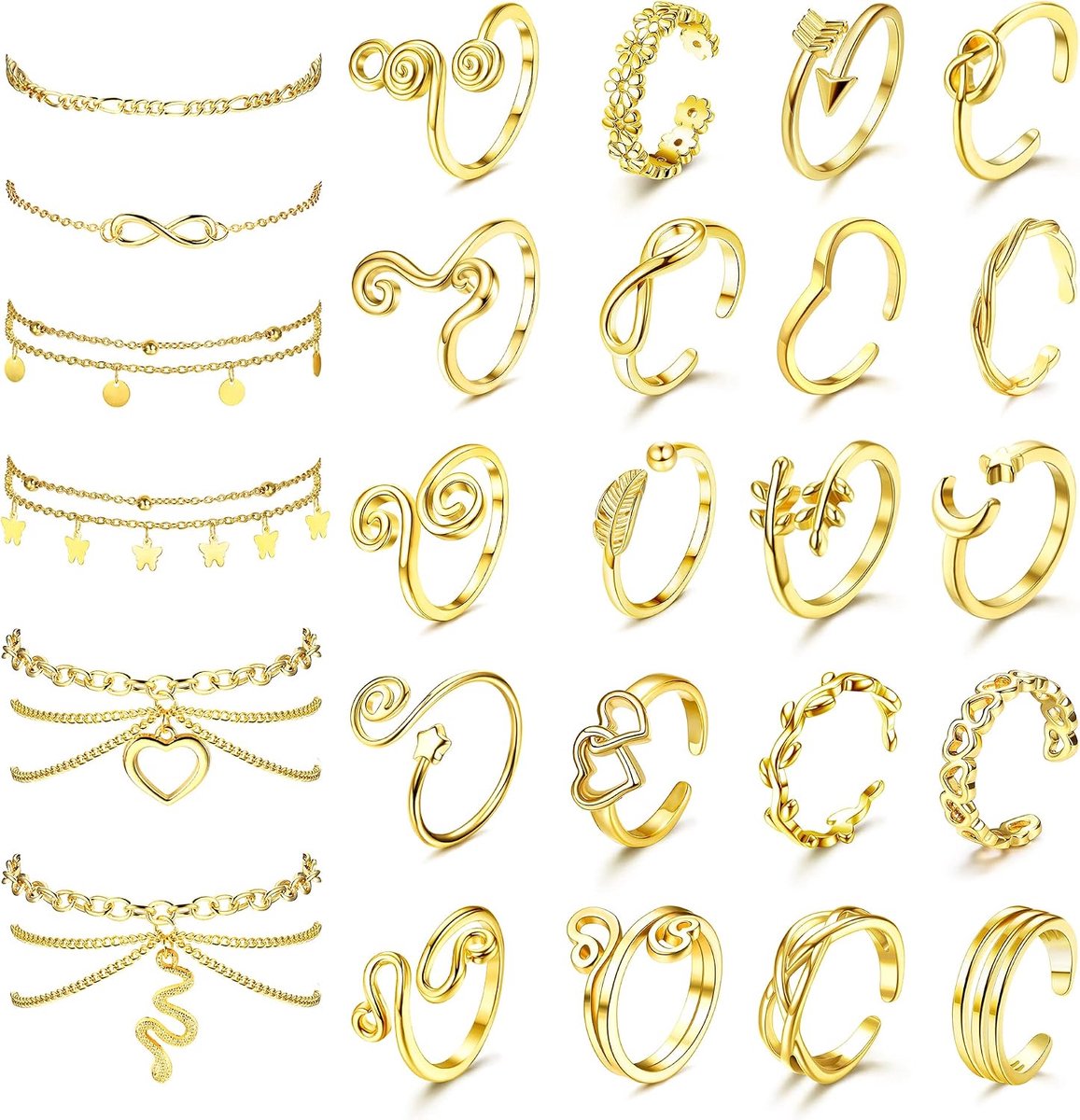 Teenringen en enkelarmbanden voor vrouwen, zilver, roséverguld, schattige lagen staartring, verstelbare strandvoetsieraden voor de zomer