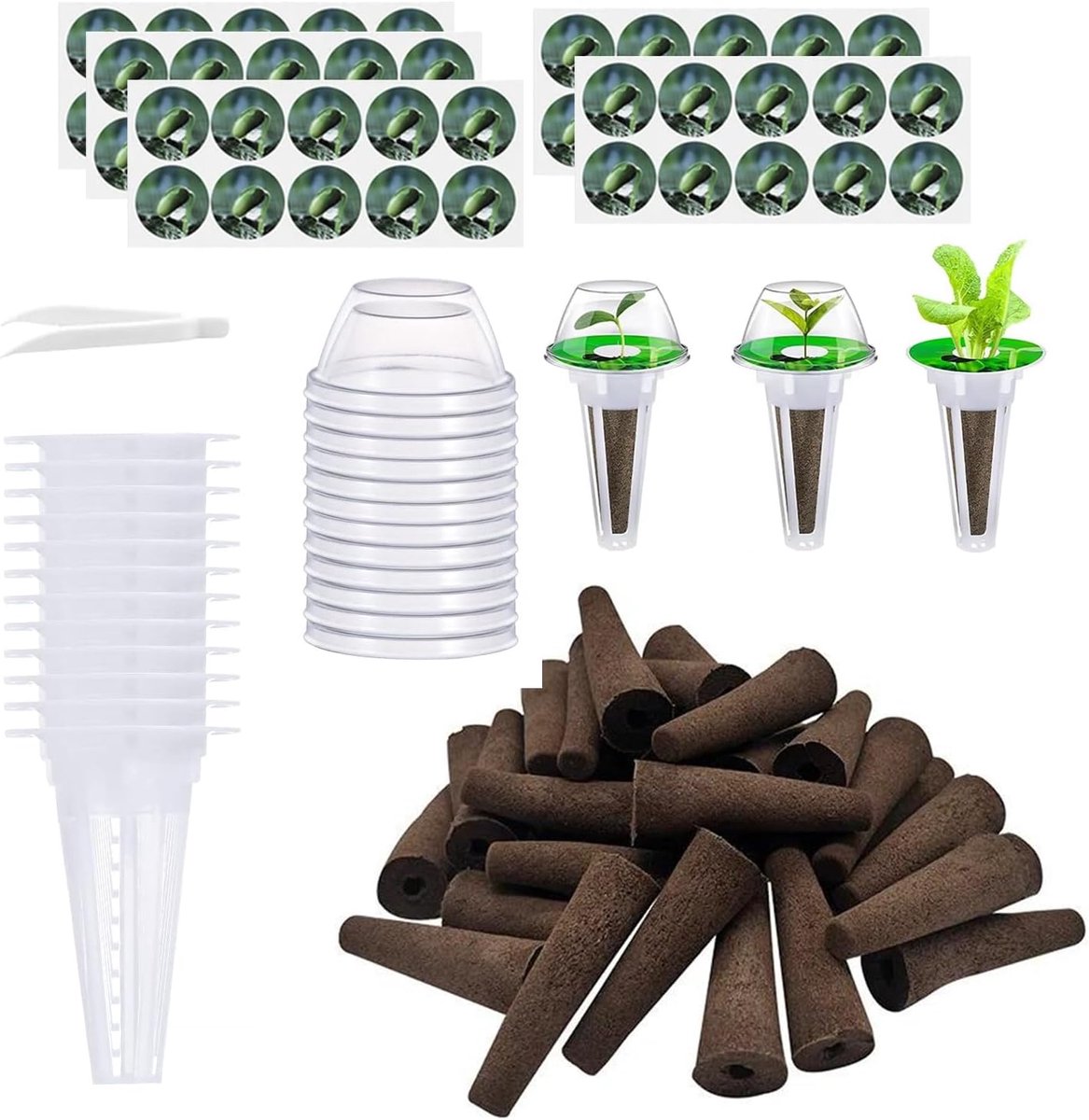 set (125 stuks) – hydrocultuur systeem accessoires voor indoor tuin en plantenteelt met 50 reservesponzen & etiketten, 12 plantenmanden en isolerende deksels, 1 pincet