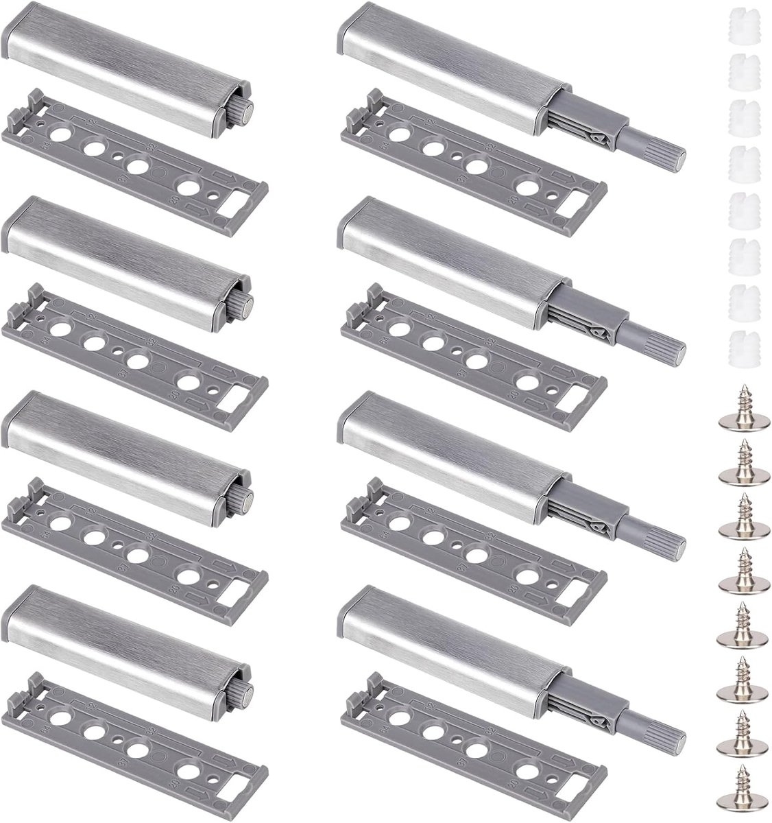 Drukdeuropener, Push to Open deuropener, 8 stuks tip on voor deuren, softclose-achteraf inbouwen, soft-close deurdemper, zilver, magneetsnapper voor kastdeuren, magnetische deursluiter