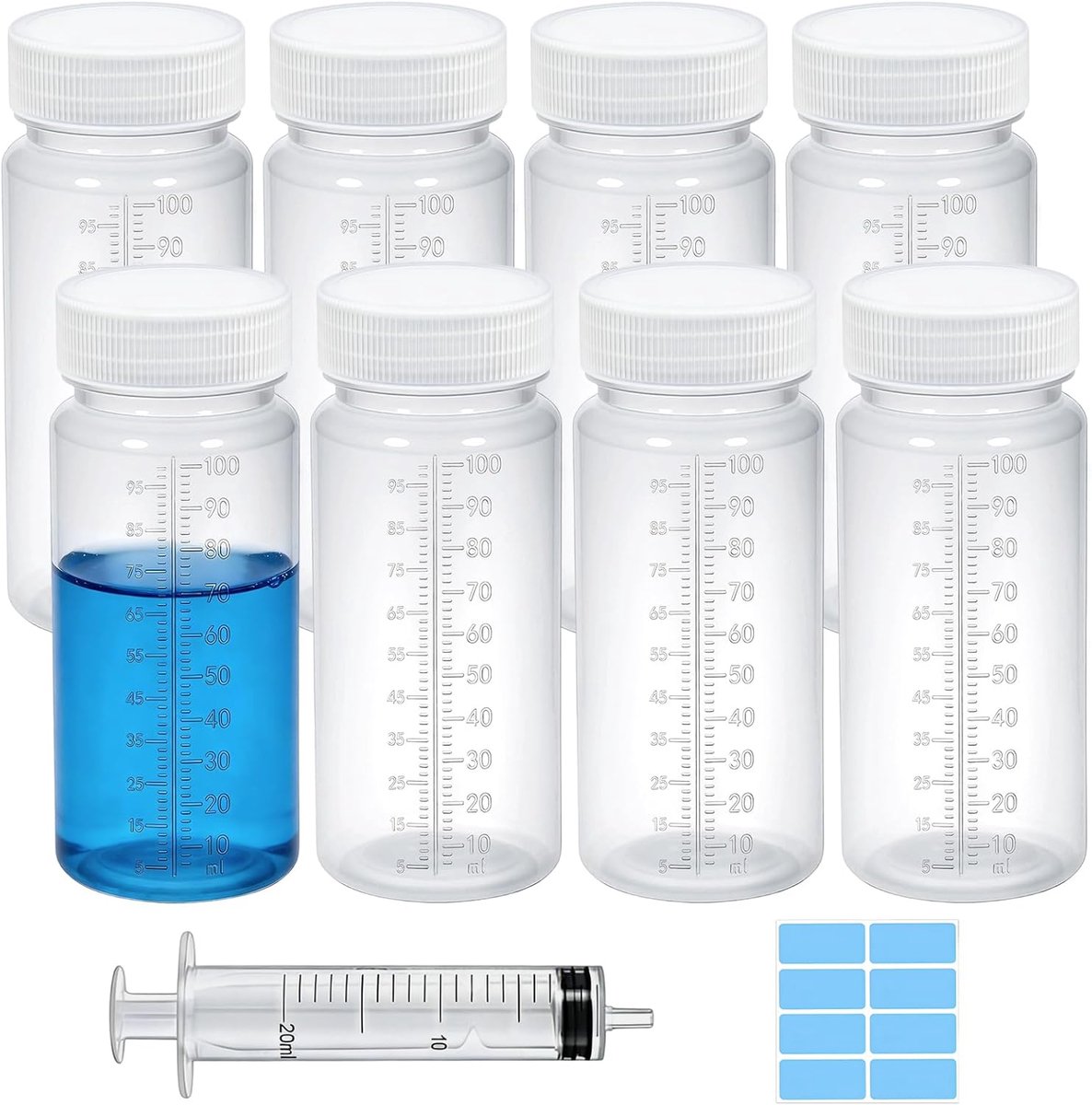 8 Stuks 100ml Kunststof Flessen met Brede Hals met Schaalverdeling, Transparant Lege Laboratoriumfles, Breedhalsfles Lekvrij voor Laboratorium, Keuken, Pillflessen, Watermonsterflessen