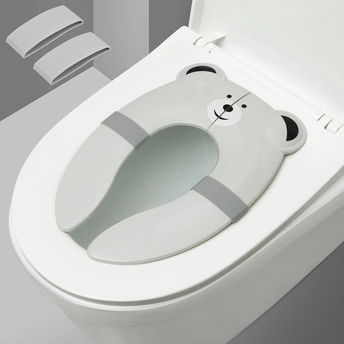 | Opvouwbare reistoiletzitje voor kinderen en zindelijkheidstraining | Draagbare siliconen toiletbril voor peuters, jongens en meisjes, met antislip siliconenpads - Grijze Beer