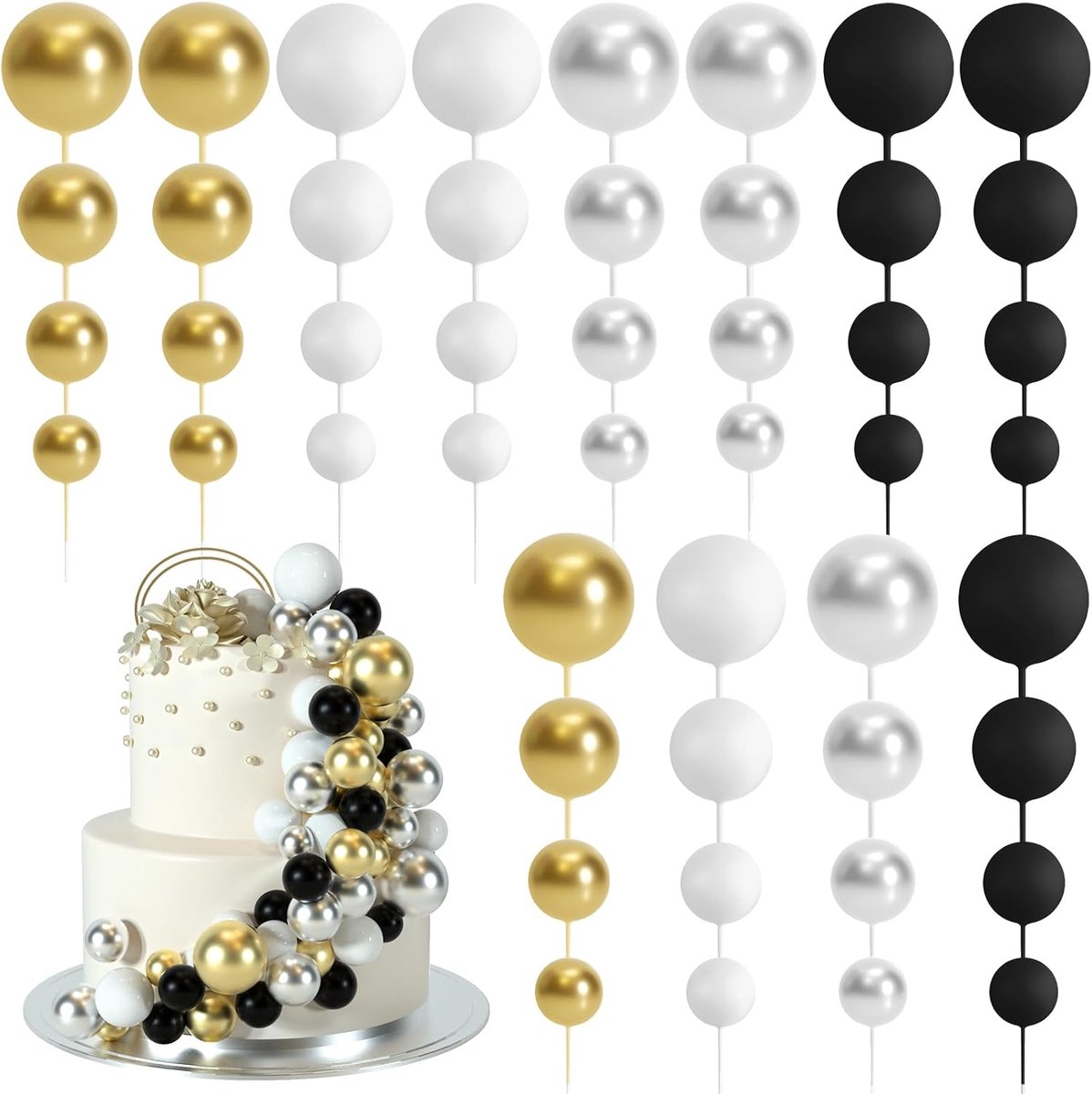 48 stuks taartdecoratie ballen Cake topper keuken ballen decoraties ballon cupcake taartversieringen voor verjaardag feest bruiloft babyparty taartdecoratie (zwart, zilver, wit, goud)