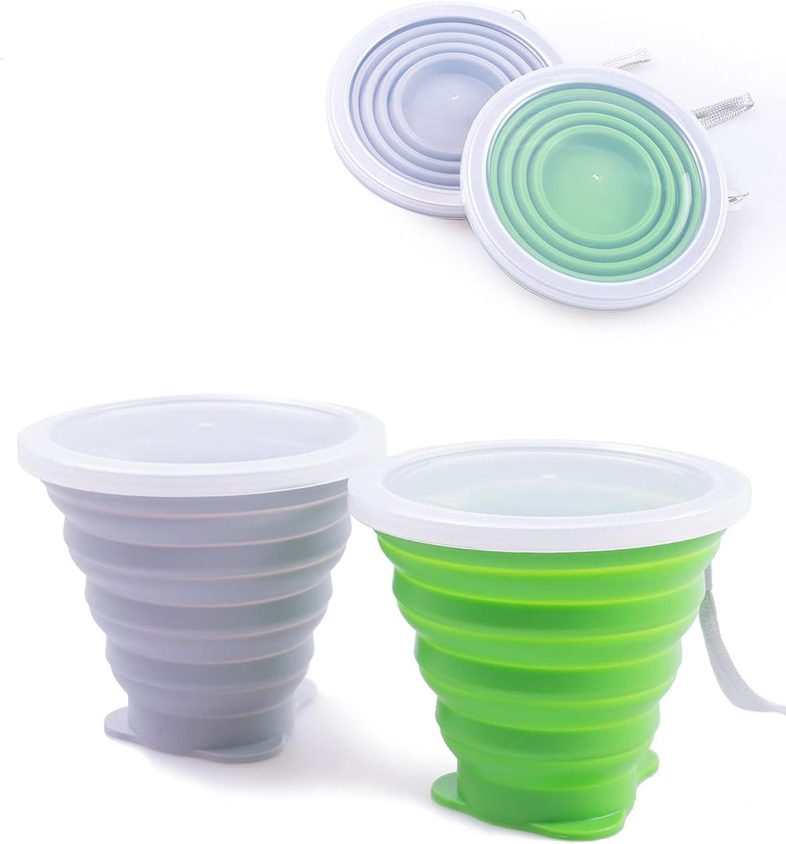 beker, inklapbare siliconen bekers met plastic afdichtingsdeksel, herbruikbare draagbare bekerset voor picknick, camping, outdoor wandelreizen (grijs+groen, 2)..