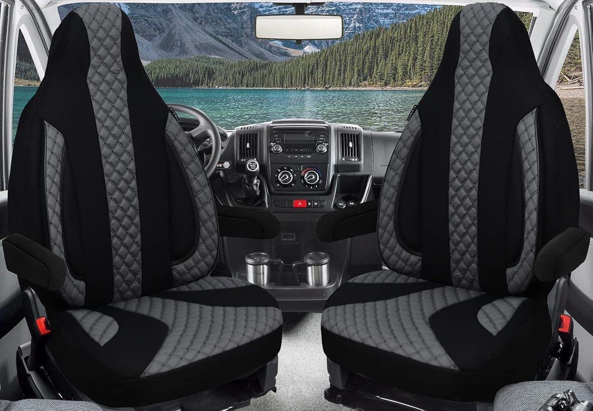 Stoelhoezen voor bestuurder en passagiers, set compatibel met camper FIAT Ducato, Pössl, Knaus, Adria, Carthago, Pilote Laika WPL401, zwart/grijs