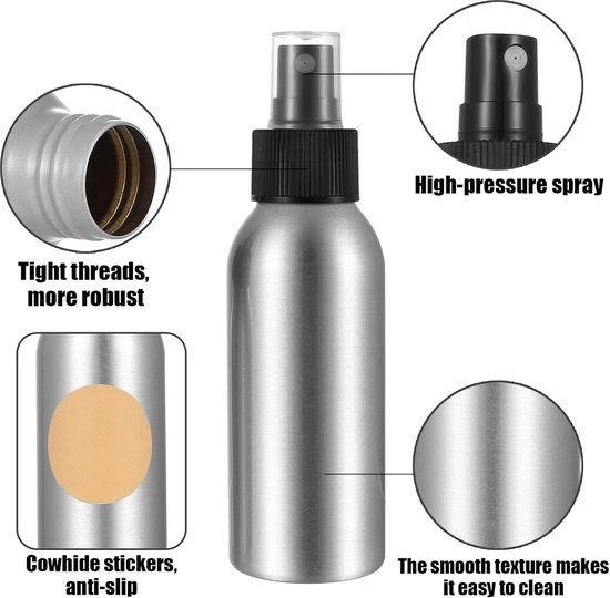 5 Stuks Kleine Sprayfles 50ml, Aluminium Verstuiver, Lege Sprayflessen om te Vullen, Spray Fles Pompfles voor Cosmetica Vloeistof Etherische Oliën, met 2 Trechters, 1 Sticker — afbeelding 5