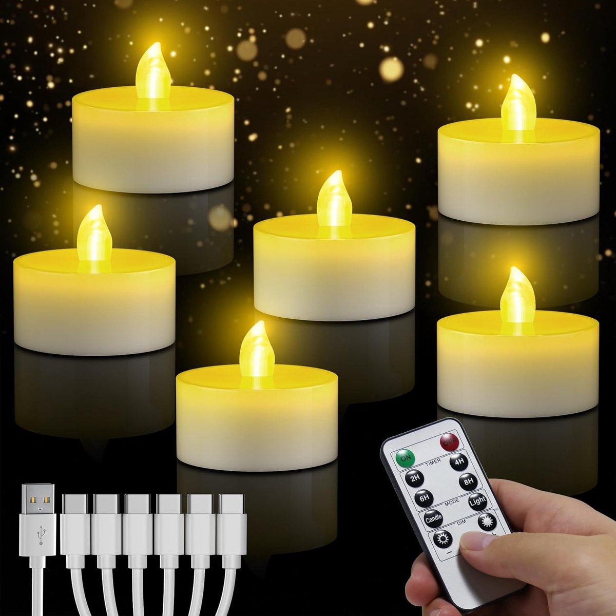 daphomeu Led-theelichtjes, oplaadbaar, warmwit, vlamloze ledkaarsen met afstandsbediening, timerfunctie, USB-oplaadbaar, elektrische kaarsen voor bruiloften, Halloween, Kerstmis, woondecoratie