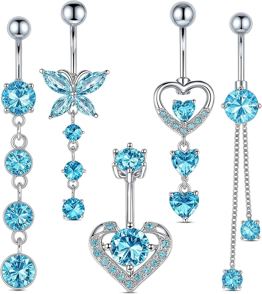 5 Stuks Blauwe Bauchnavelpiercings Van Chirurgisch Staal, 14G Dangly Navelpiercings Met Bloem Vlinder Hart, Buikpiercing Sieraden Voor Dames