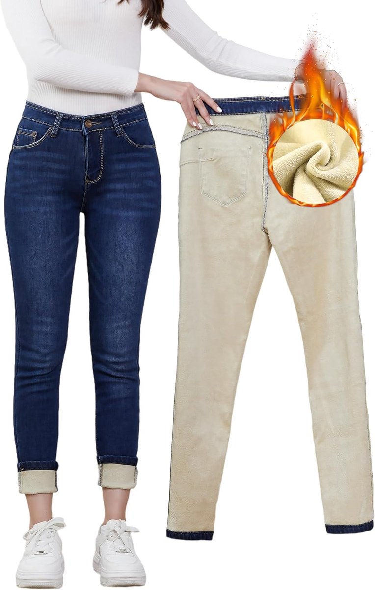 Jeans - Hoge Taille Fleece Gevoerde Skinny Jeggings, Stretch Thermo Broek voor Warmte, Push-Up Effect, Denim Legging voor Koud Weer