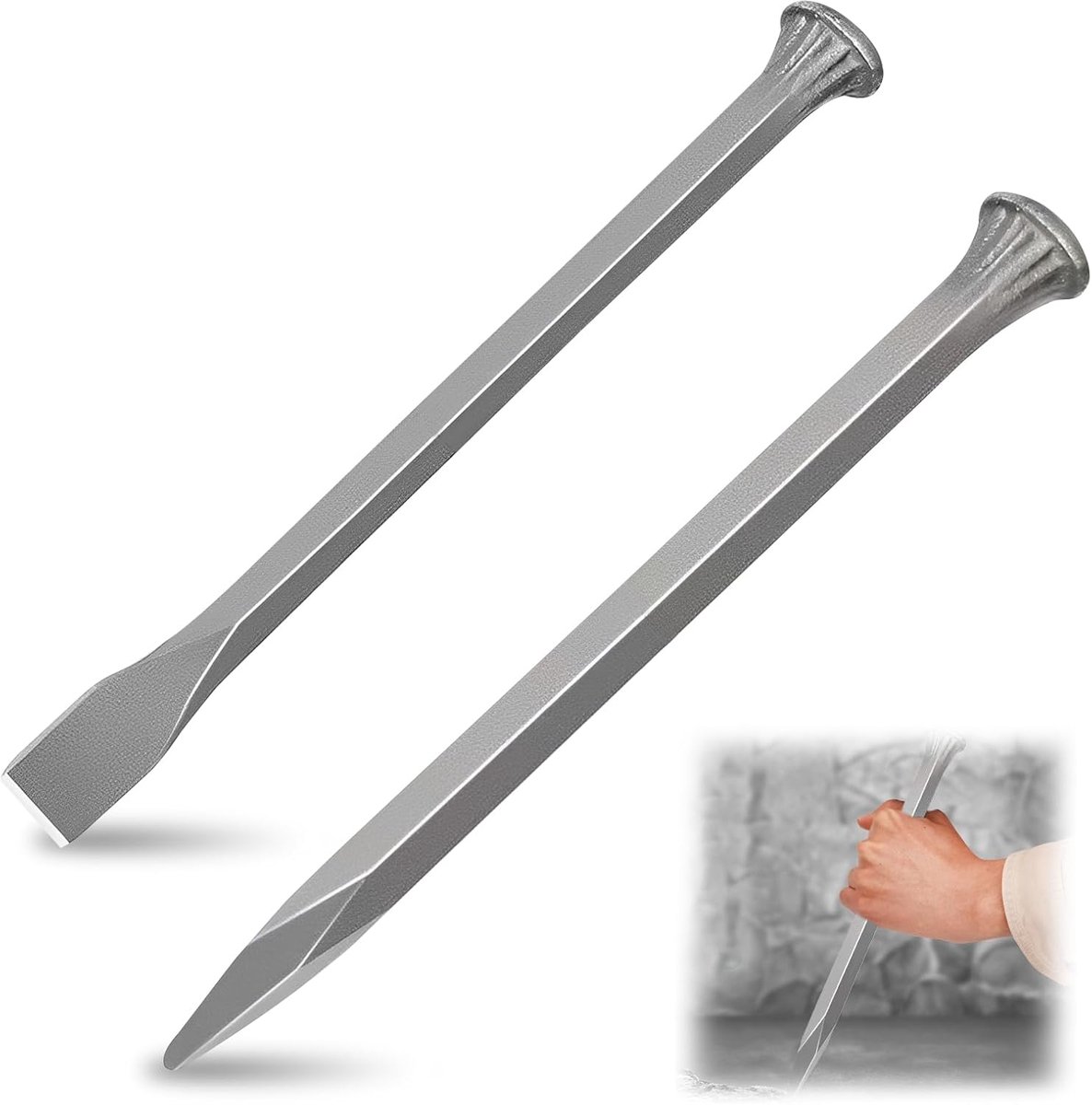 2-delige set beitels van hoogkoolstofstaal, 25 cm, steekbeitel, tegelbeitel, steemijzer, set inclusief platte beitel, puntige beitel voor metaalbewerking, hout, steen, beton en meer