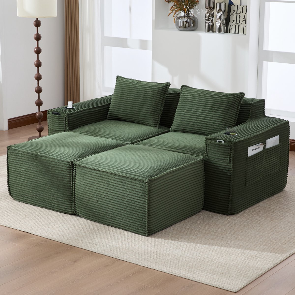 OKWISH Set 188 x 162 x 75 cm - Modulaire 2-Zits Bank Met 2 Hockers, Bekerhouders En Zijvakken - Voor Woonkamer Of Appartement - Corduroy - Groen