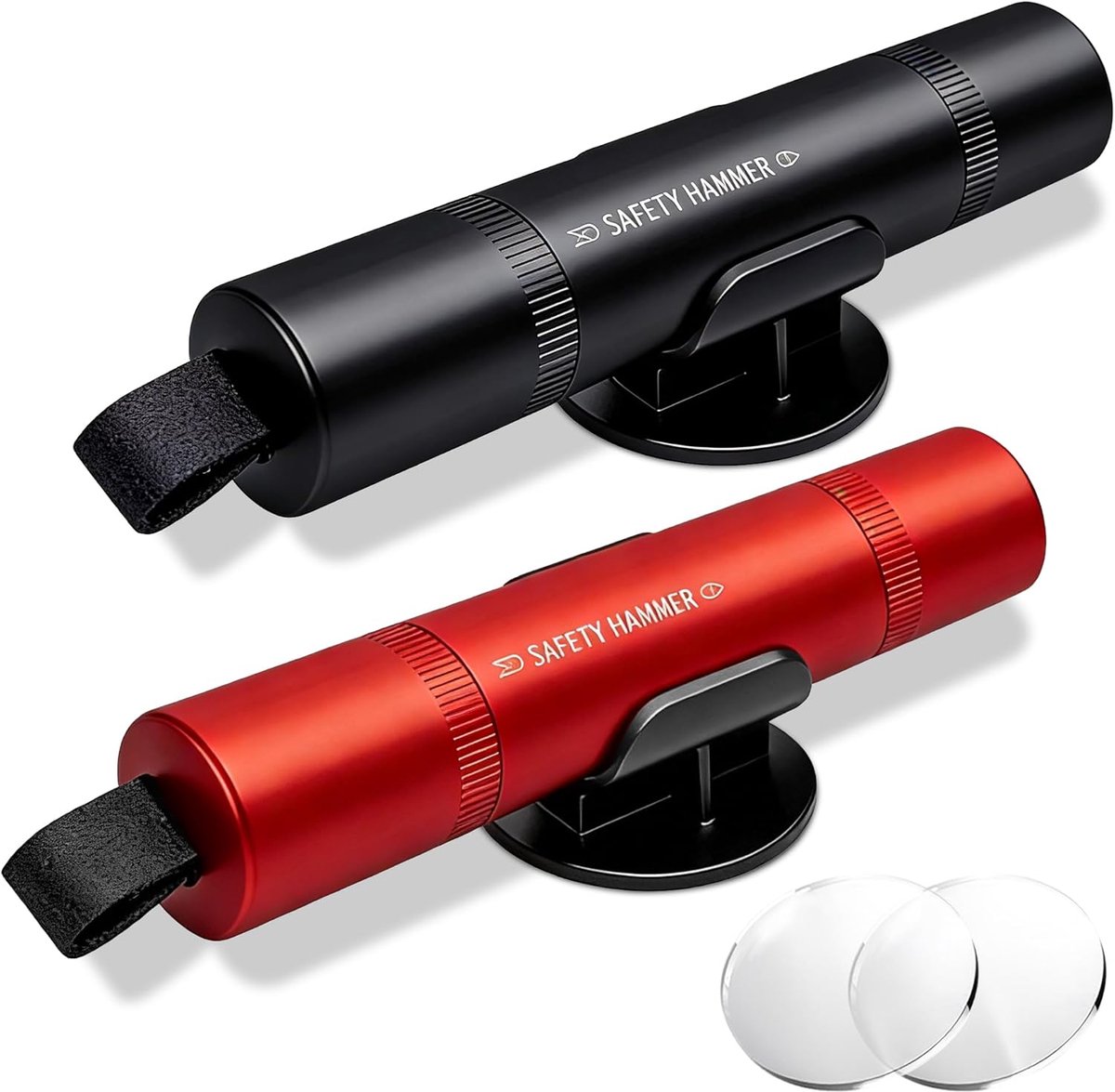 Set van 2 - Autoveiligheidshamer met noodgereedschap - 2-in-1 gordelsnijder en raambreker - Inclusief testglas - Robuuste autogordelsnijder voor noodgevallen (rood en zwart)