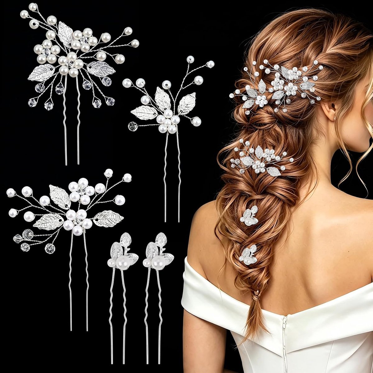 Kiiwah 5 haarspelden met parels en bloemen, zilver, bruidssieraad, kristal, bruiloft - ShopVlot
