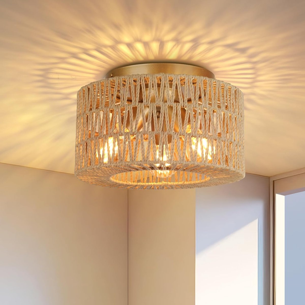 SnelShoppen - Boho Plafondlamp 3-vlammig - Vintage Rotan Hanglamp E27 Fitting voor Woonkamer, Eetkamer, Slaapkamer, Keuken, Hal - Stijlvolle Verlichti