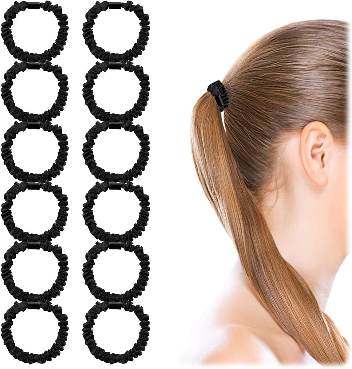 Thijox - 12 Stuks Zijde Skinny Scrunchies Set 100% Moerbeizijde Haarbanden voor Meisjes en Vrouwen - Elastieken Paardenstaart Houders - Zwart Schattig