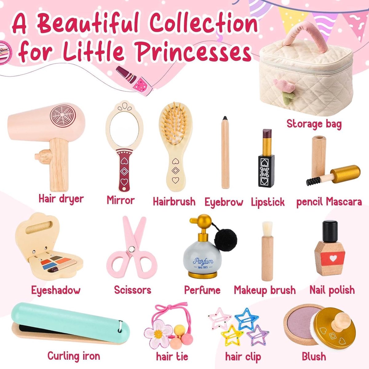 SnelShoppen - Houten Kinderschminkset voor Meisjes, Kinderschmink Speelgoed, Rollenspel Beautyset, Make-upkoffer, Kerstspeelgoed, Cadeau voor Kinderen