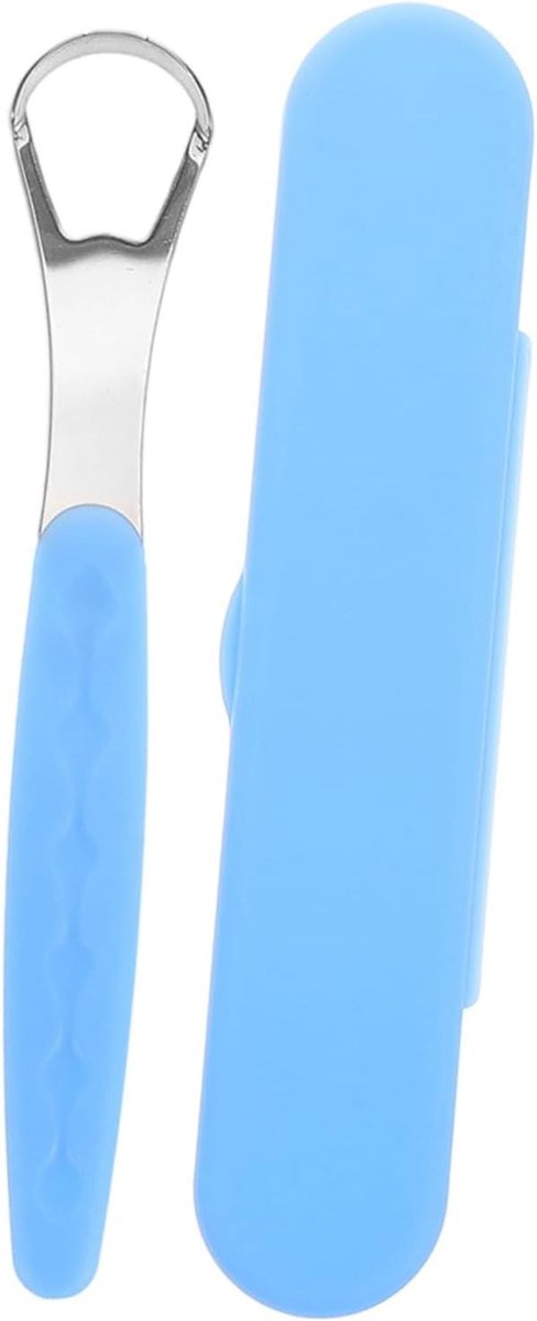 Tongschraper RVS - Tongreiniger Mondhygiëne - Frisse Adem - Met Reisdoosje - 14.8 cm - Blauw