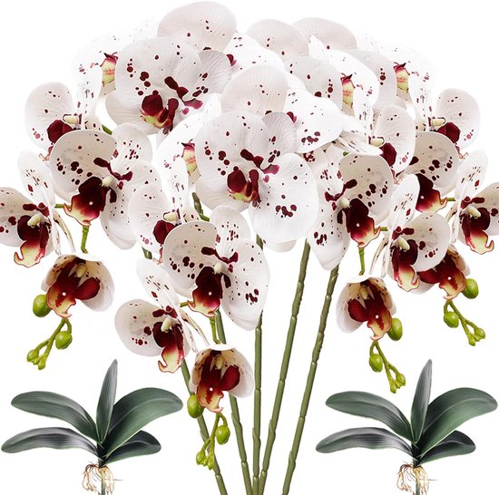 Kunstorchideeën set - Nep bloemen - Huis decoratie - Realistische details - 5 stuks 80 cm - Wit met vlekken