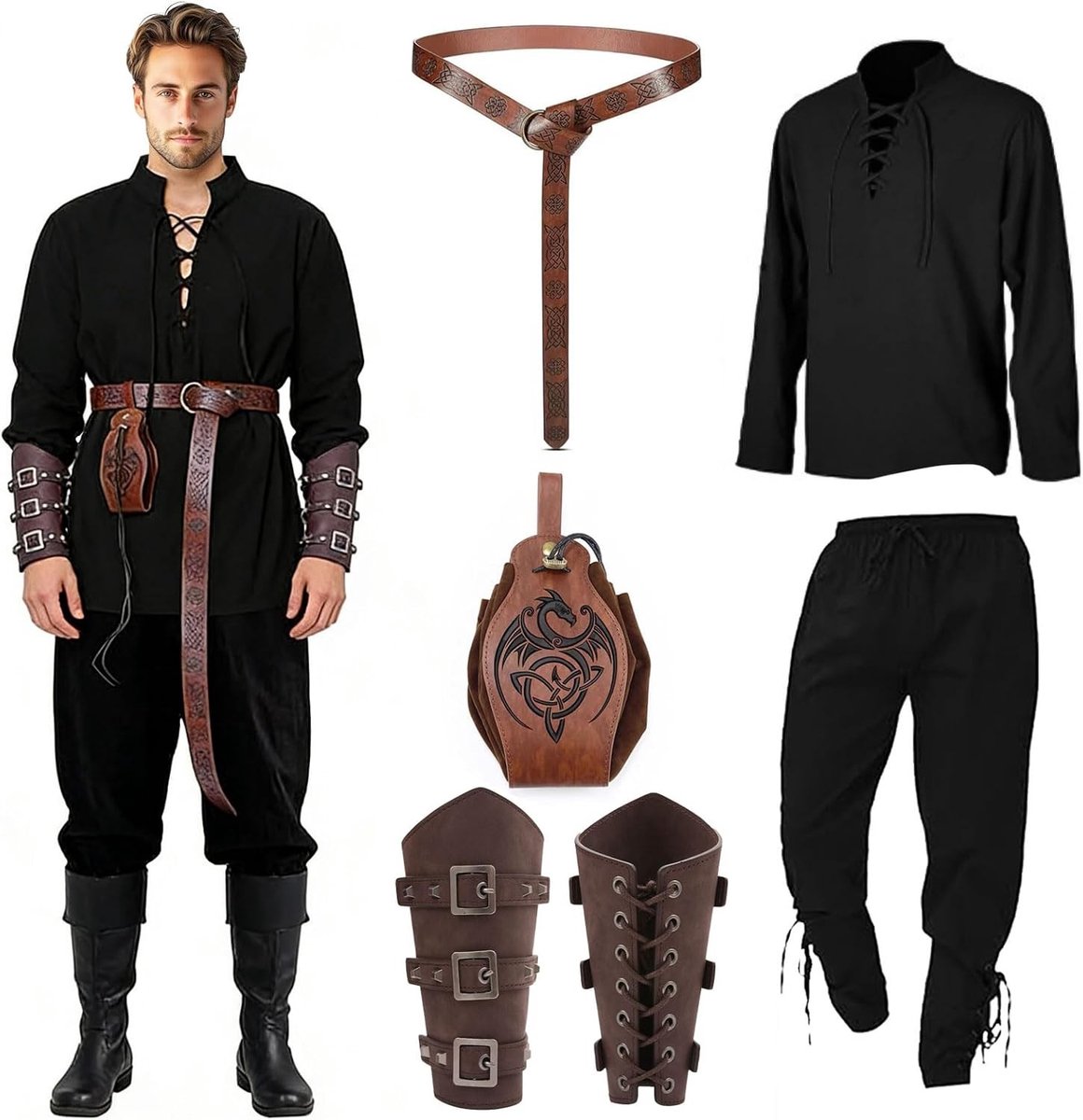 Complete set middeleeuws kostuum voor mannen, inclusief shirt, broek, riem, polsbeschermer en accessoires voor carnaval, cosplay en Halloween feestjes