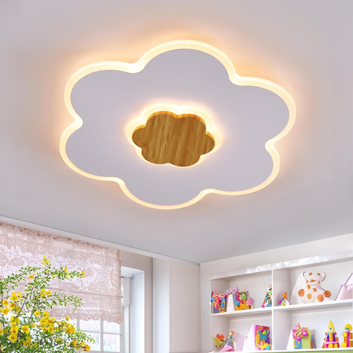 SnelShoppen - Dimbare Led-plafondlamp voor Kinderen in Bloemenvorm, Hout, 28 W, 40 cm, 3000 K-6000 K, Wit, Kinderslaapkamerlamp met Nachtlichtfunctie
