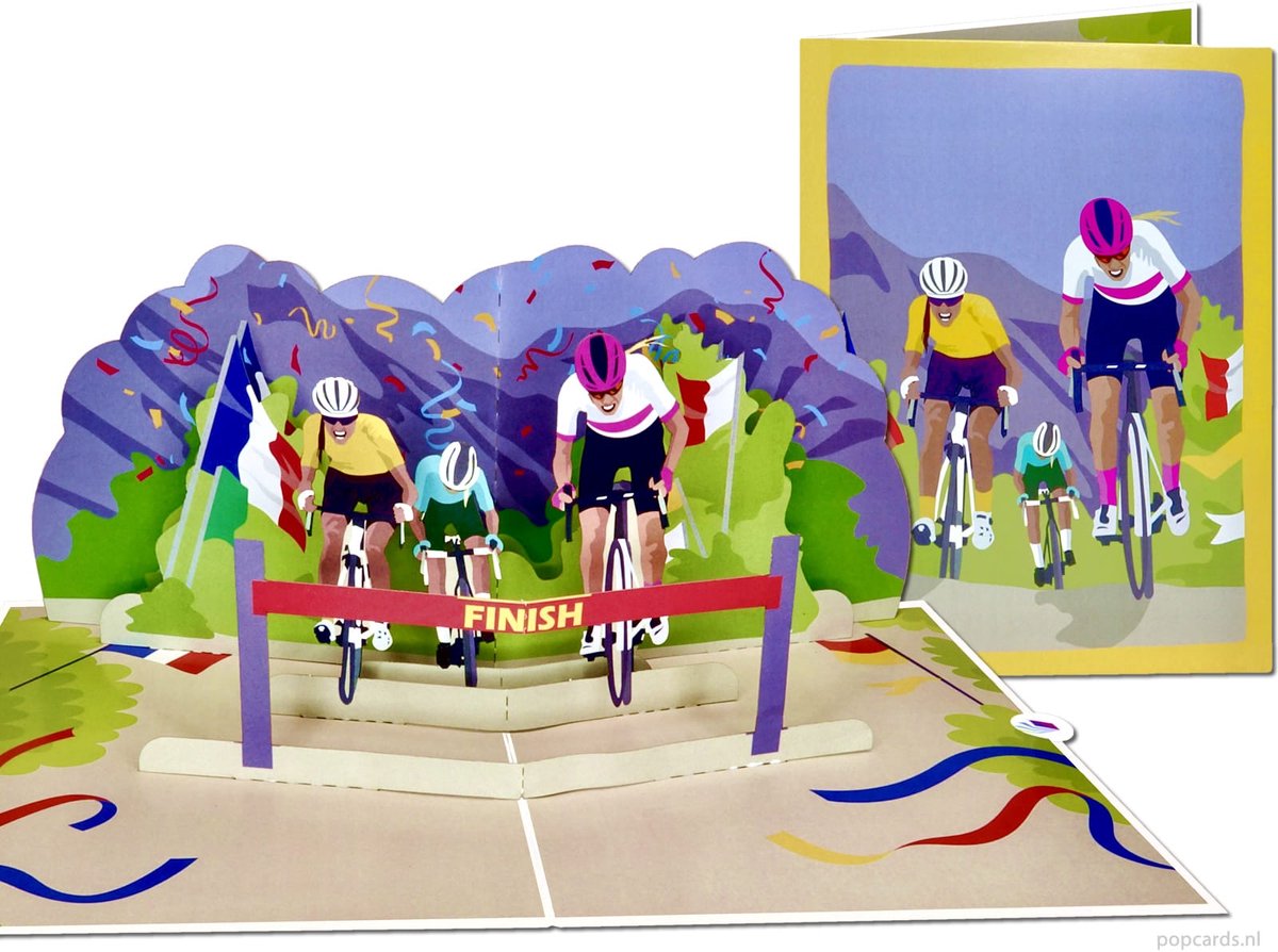 Popcards pop-up kaart - Wielrenners Tour de France Eindsprint FinishGrote 3D Kaart Wenskaart (Fietsen, racefiets, sport, mijlpaal)