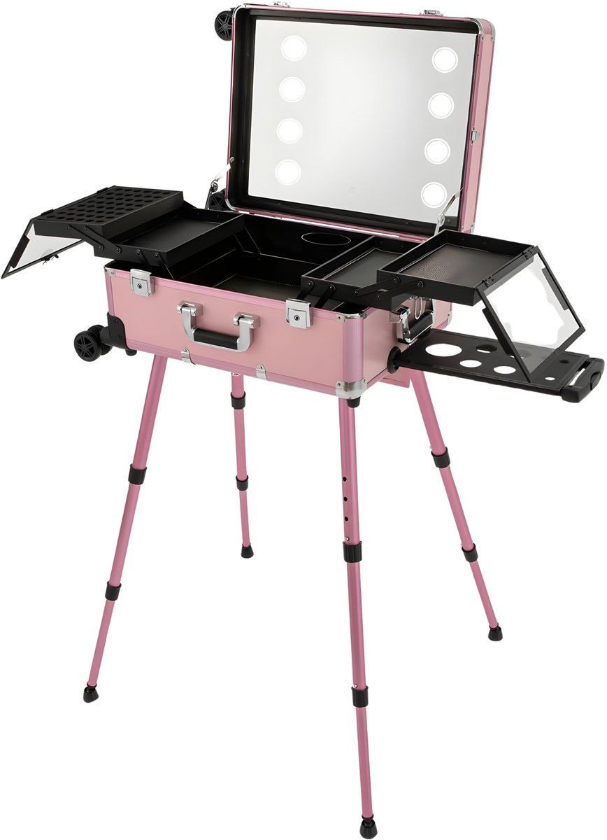 Pink Luxe Makeup Koffer - Lichtspiegel - Bluetooth - Aluminium Trolley - Salon Station