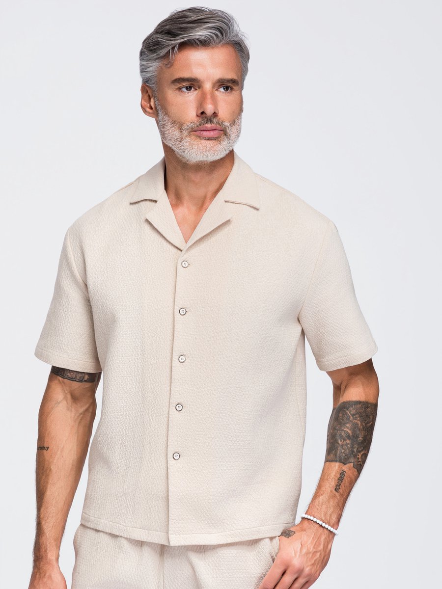 OMBRE Overhemd - Loose Fit - Katoen - Lange Mouw Gebroken wit S