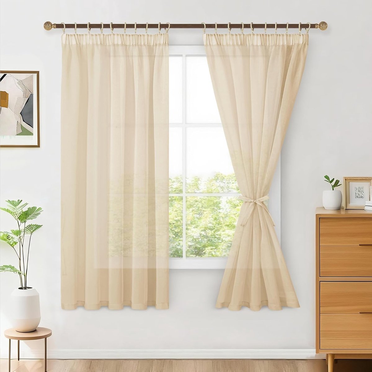 Glasgordijn, set van 2 gordijnen, voor woonkamer, met plooiband, transparant, doorzichtig, luchtig, decoratief, voor slaapkamer en woonkamer, 175 x 140 cm (h x b), beige
